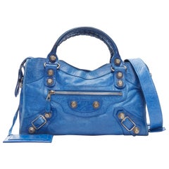 BALENCIAGA Giant 21 City blue leather SHW motorcycle tote bag