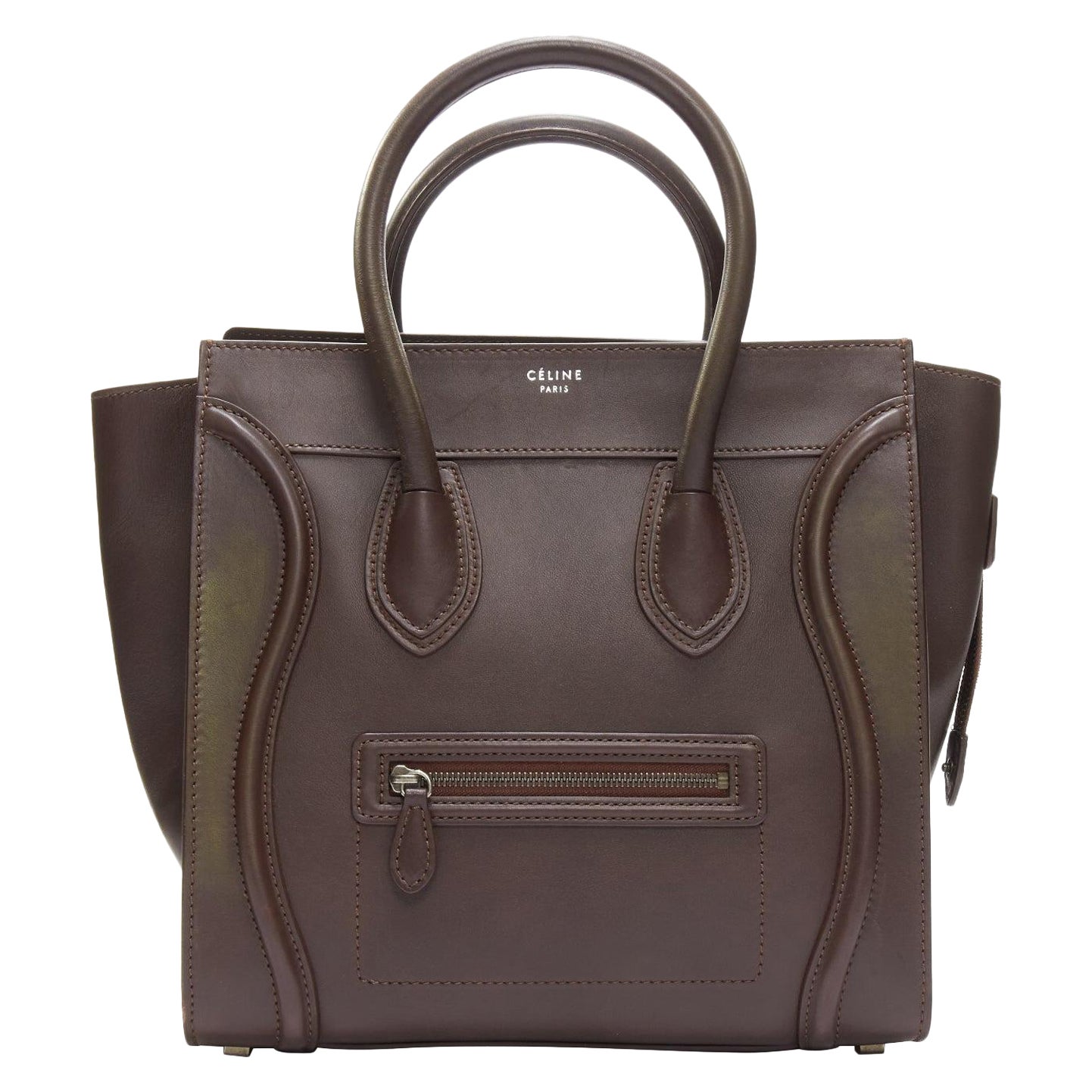 CELINE Luggage burgundy leather front zip logo shopper tote bag