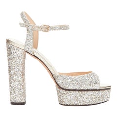 JIMMY CHOO argent glitter open toe ankle strap platform heels EU39