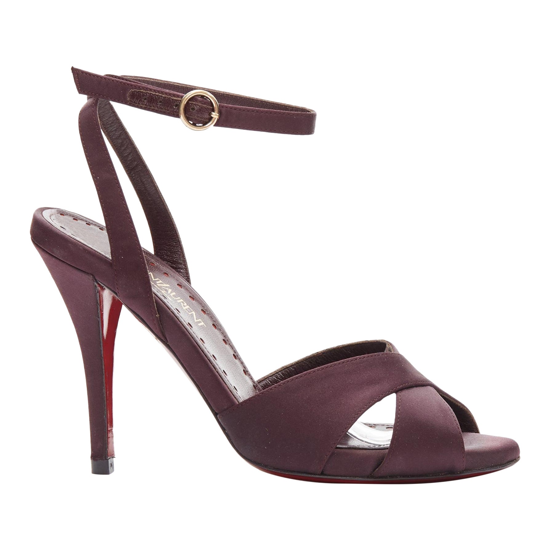 YVES SAINT LAURENT dark purple satin red sole sandal heels EU38 For Sale