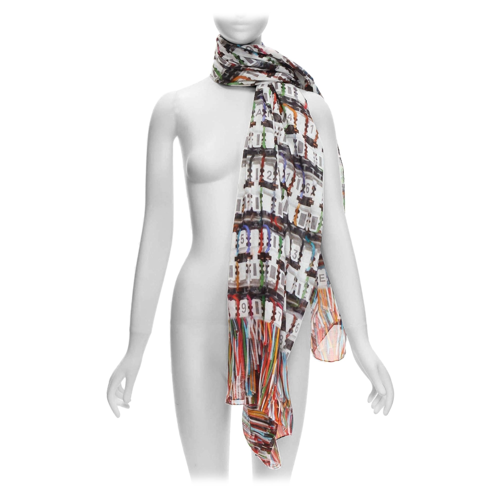 CHANEL multicolor 100% cotton CC logo data centre number print scarf For Sale