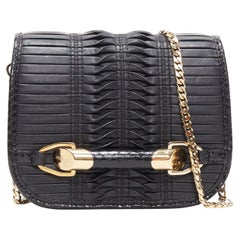 Used JIMMY CHOO black woven pleated leather gold bar detail flap crossbody bag