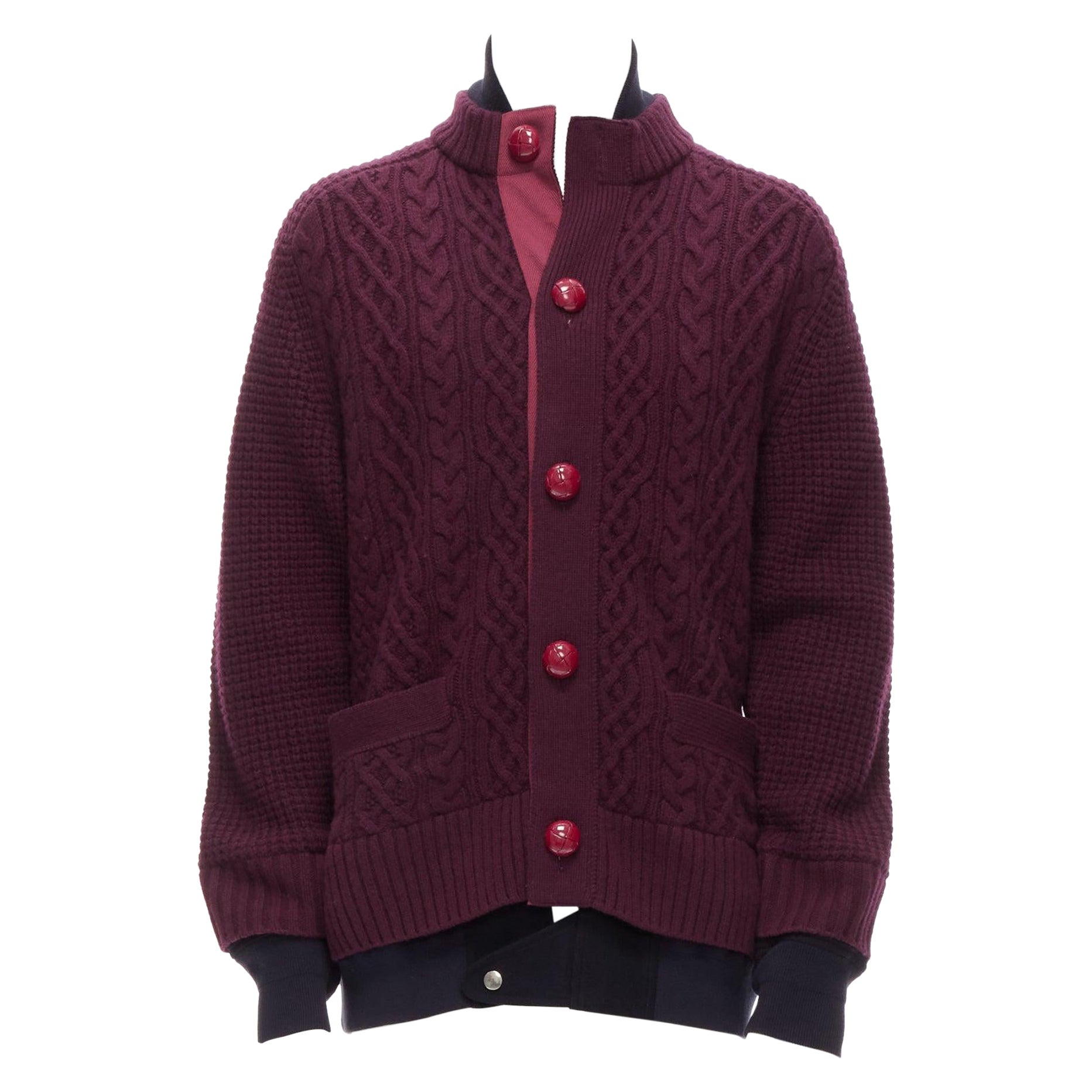 SACAI 2016 burgundy 100% wool cable knit layered hem cardigan JP3 L For Sale