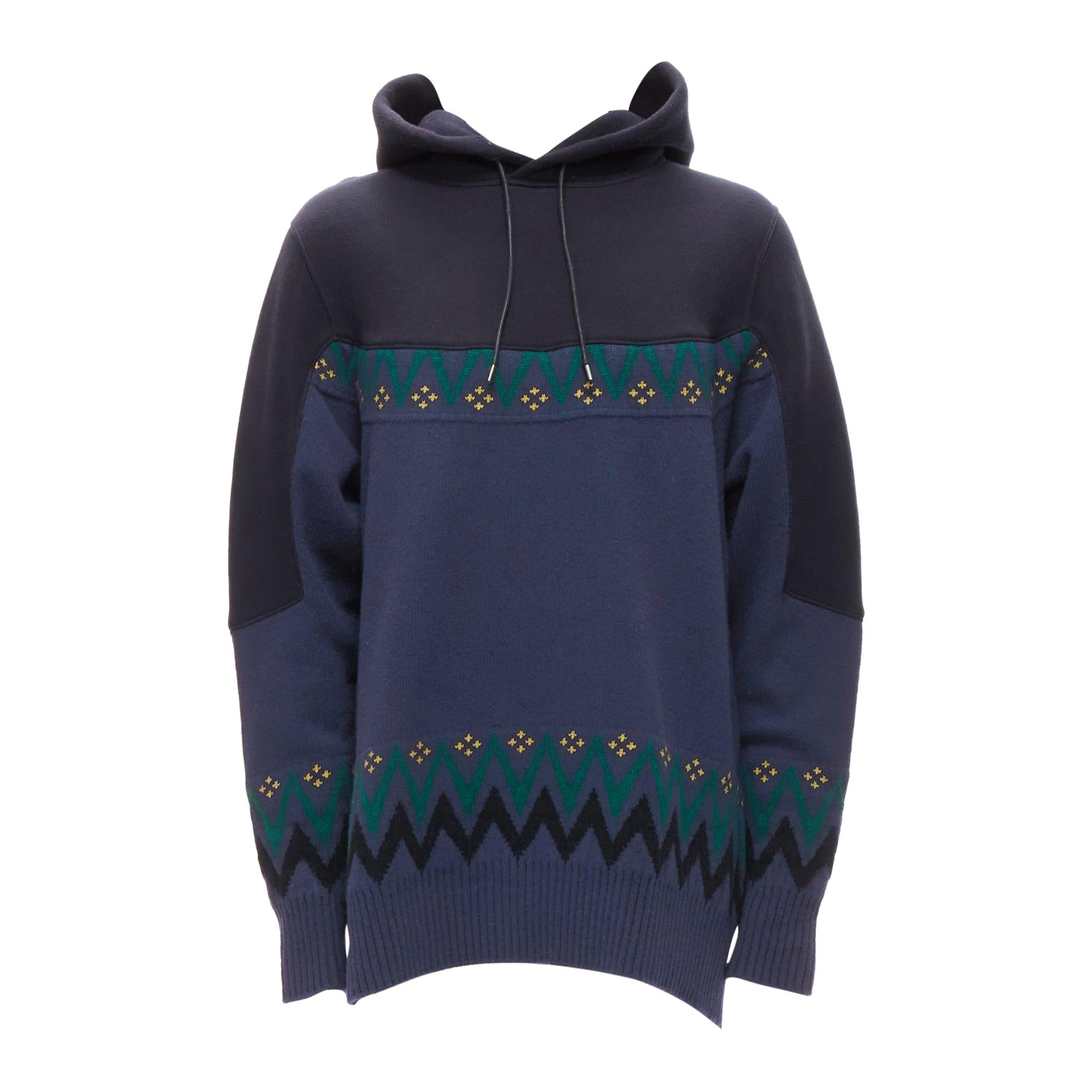SACAI 2018 navy cotton blend fairisle knit sweater hyrid hoodie JP3 L For Sale