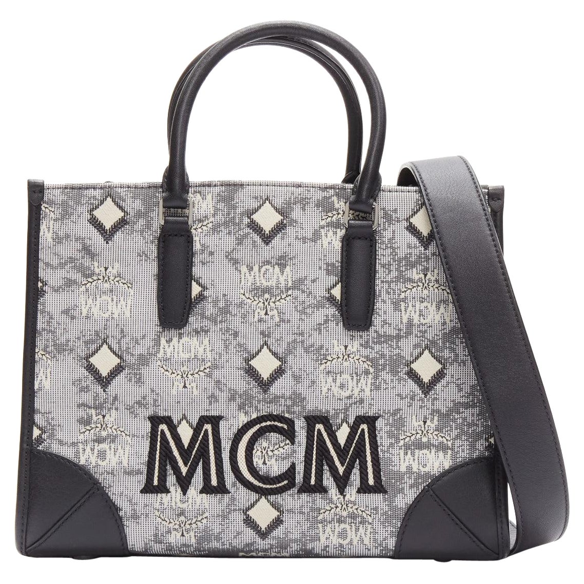 MCM grey vintage logo jacquard canvas embroidery small tote bag For Sale