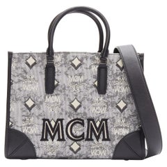 MCM grey vintage logo jacquard canvas embroidery small tote bag