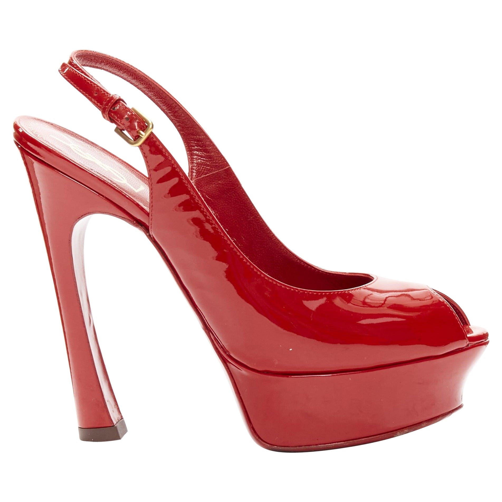 YVES SAINT LAURENT red patent peep toe platform slingback heels EU36.5 For Sale