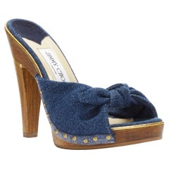 JIMMY CHOO blue denim bow brown wood platform mules EU37