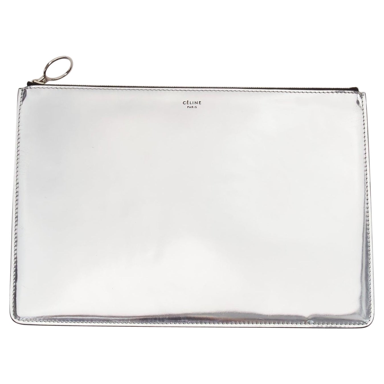 CELINE silver mirrored leather flat O ring zip pouch clutch bag