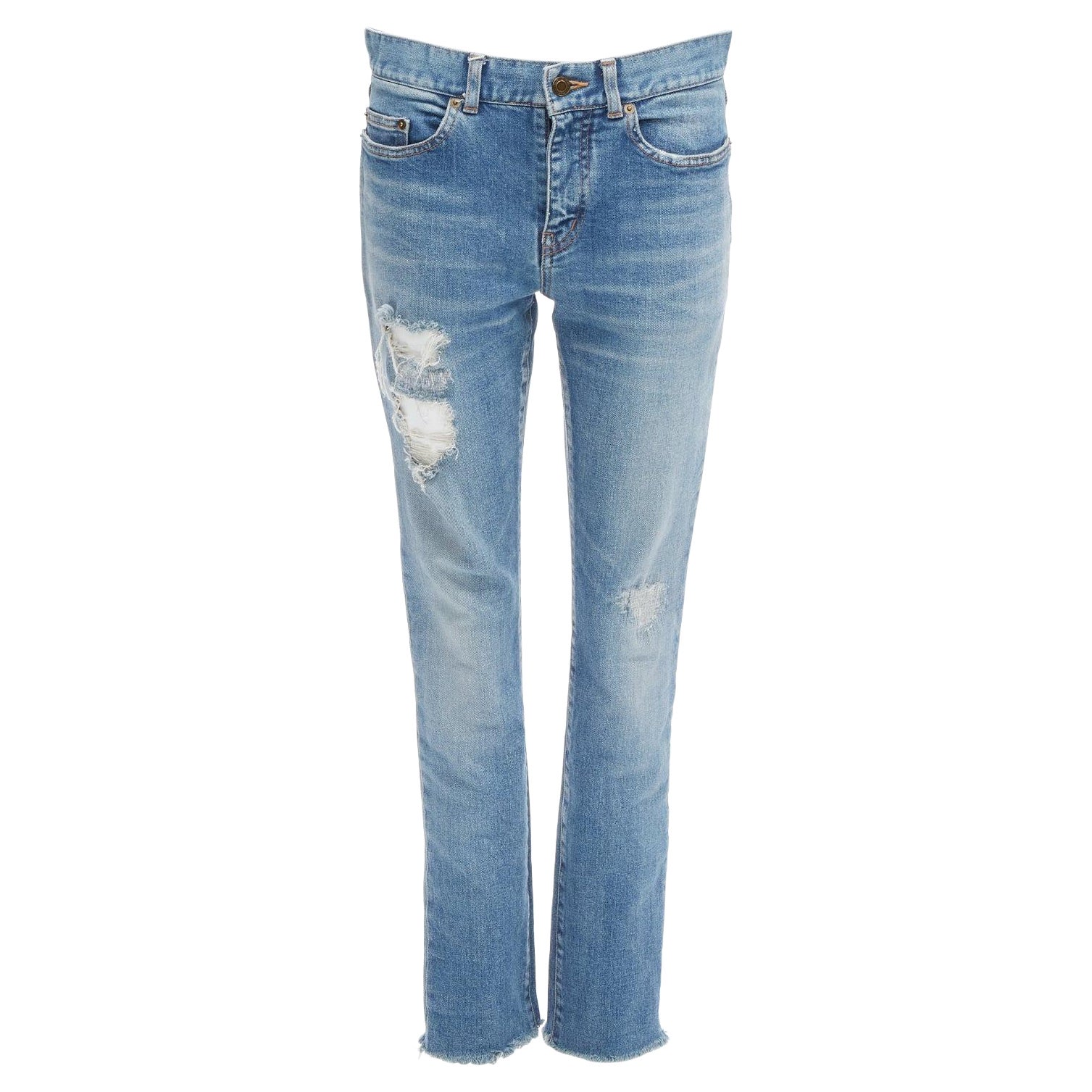SAINT LAURENT 2019 D09G blue skinny low waist distressed ripped jeans 29" For Sale