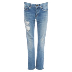 SAINT LAURENT 2019 D09G blaue Skinny-Jeans mit niedriger Taille und zerrissenen Rissen 29"