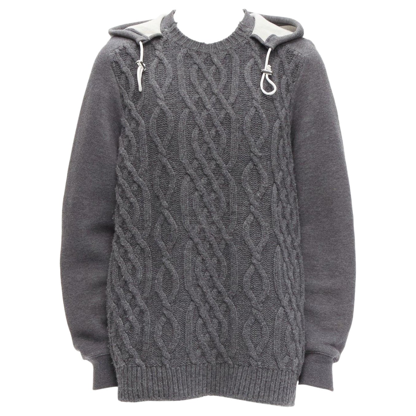 SACAI 2015 grey 100% wool cable knit contrast hood sweater JP3 L For Sale