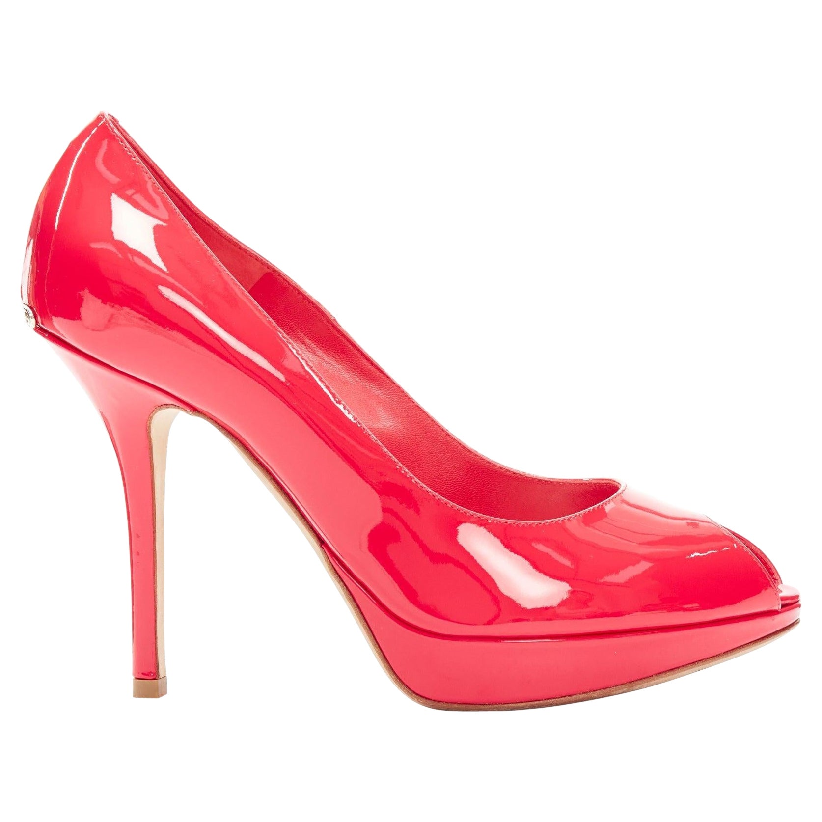 CHRISTIAN DIOR neon pink patent leather peep toe platform pumps EU38 For Sale