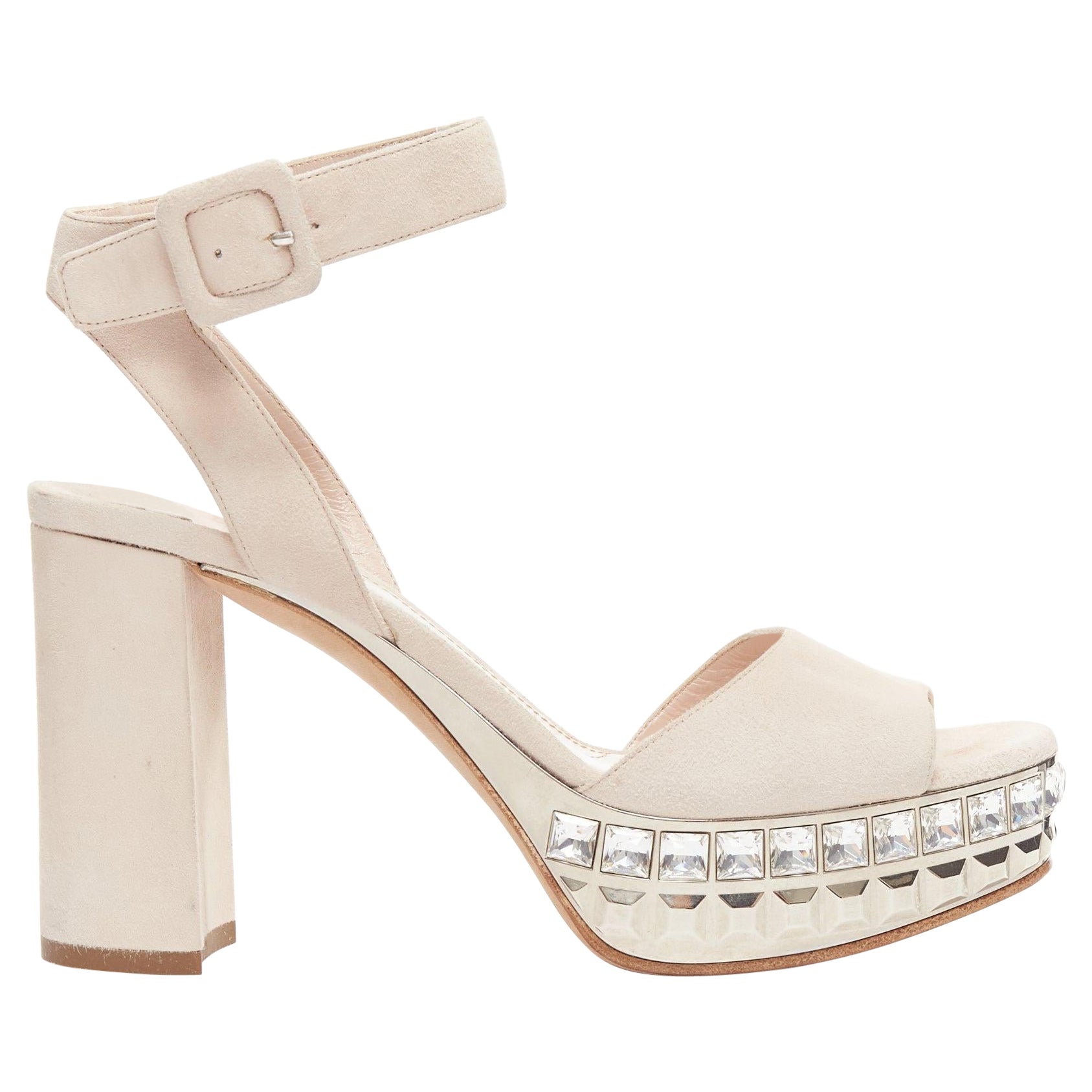 MIU MIU beige suede silver rhinestone crystals platform sandal heels EU37 For Sale