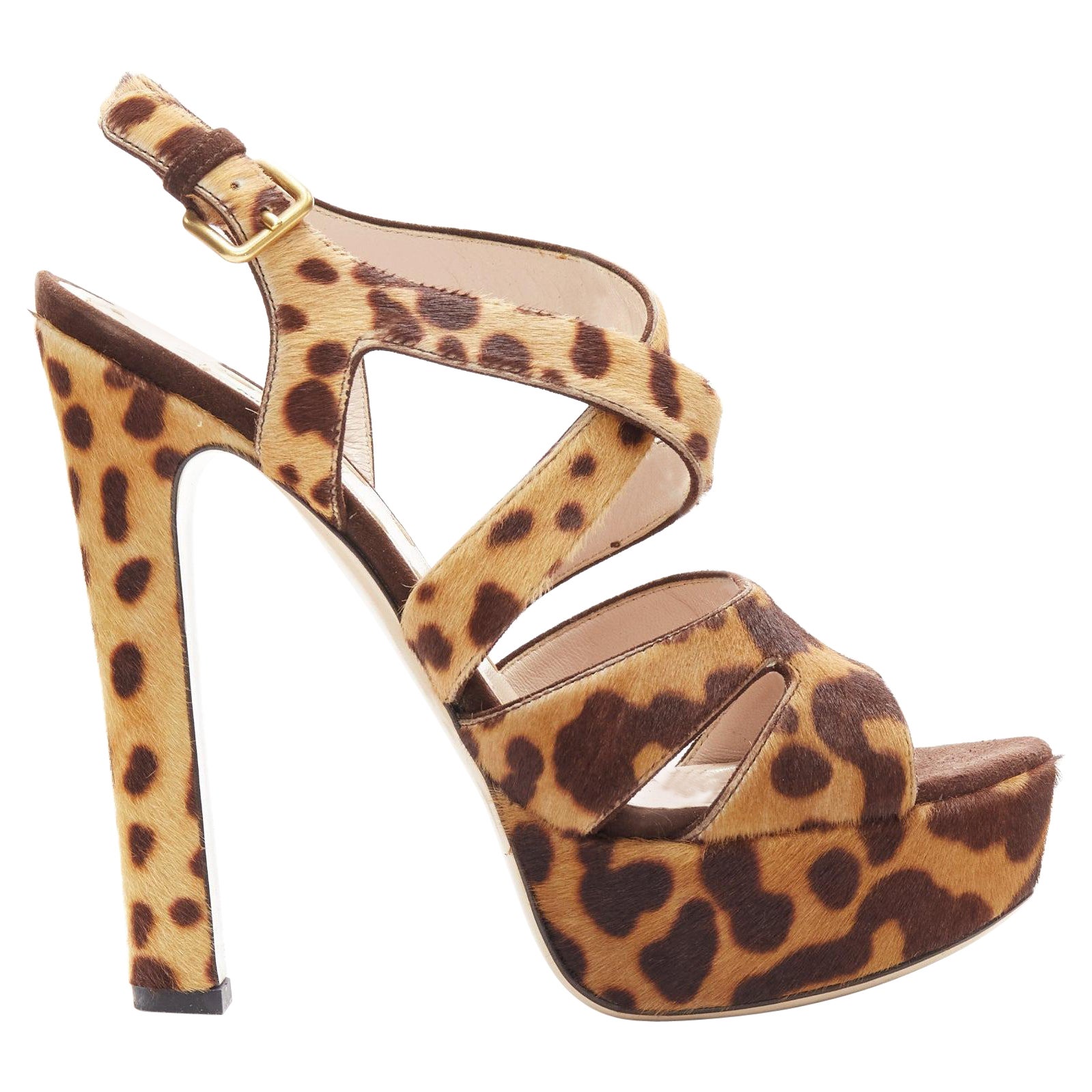MIU MIU brown leopard print pony hair strappy platform heels EU37.5