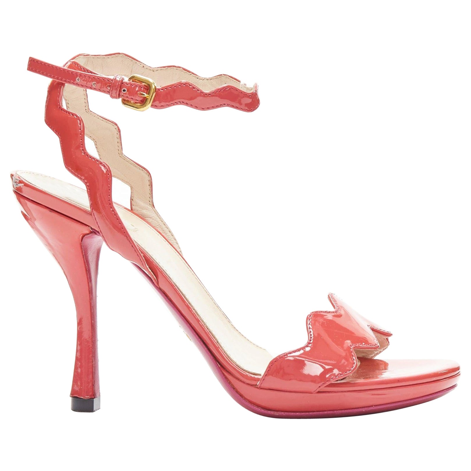 PRADA rose pink patent leather squiggly strap sandal heels EU38.5 For Sale
