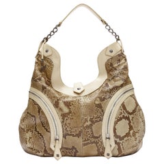 Used CHRISTIAN LOUBOUTIN beige khaki scaled leather biker zip chain hobo bag