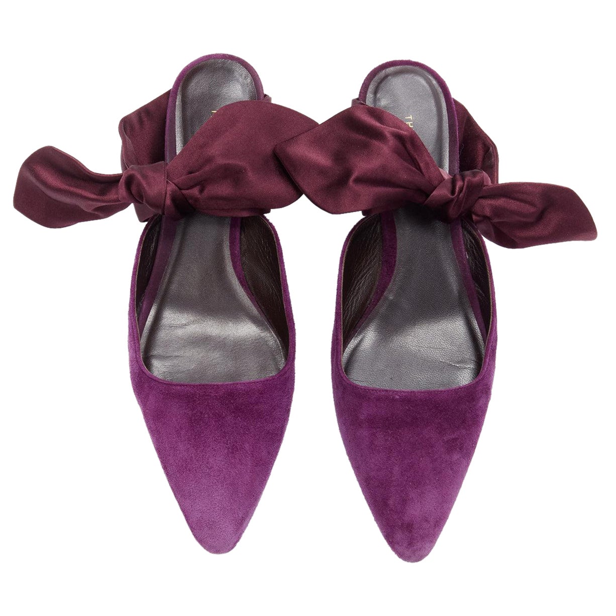 THE ROW Coco Bow velours violet cravate de soie kitten mule heels EU37.5 en vente