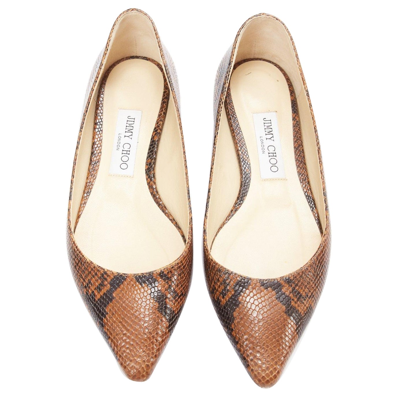 JIMMY CHOO brown embossed scaled leather pointed toe flat shoes EU37 For Sale