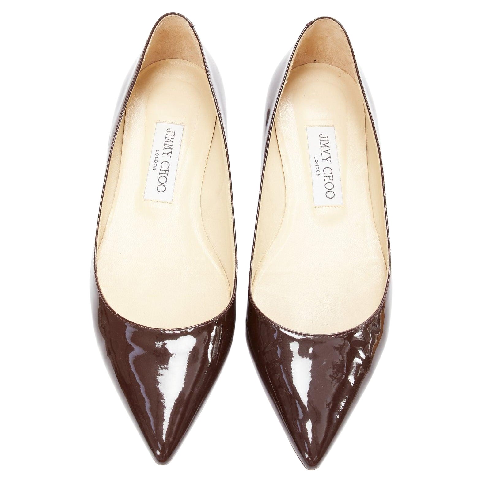 JIMMY CHOO brown patent leather pointed toe simple flats EU37.5