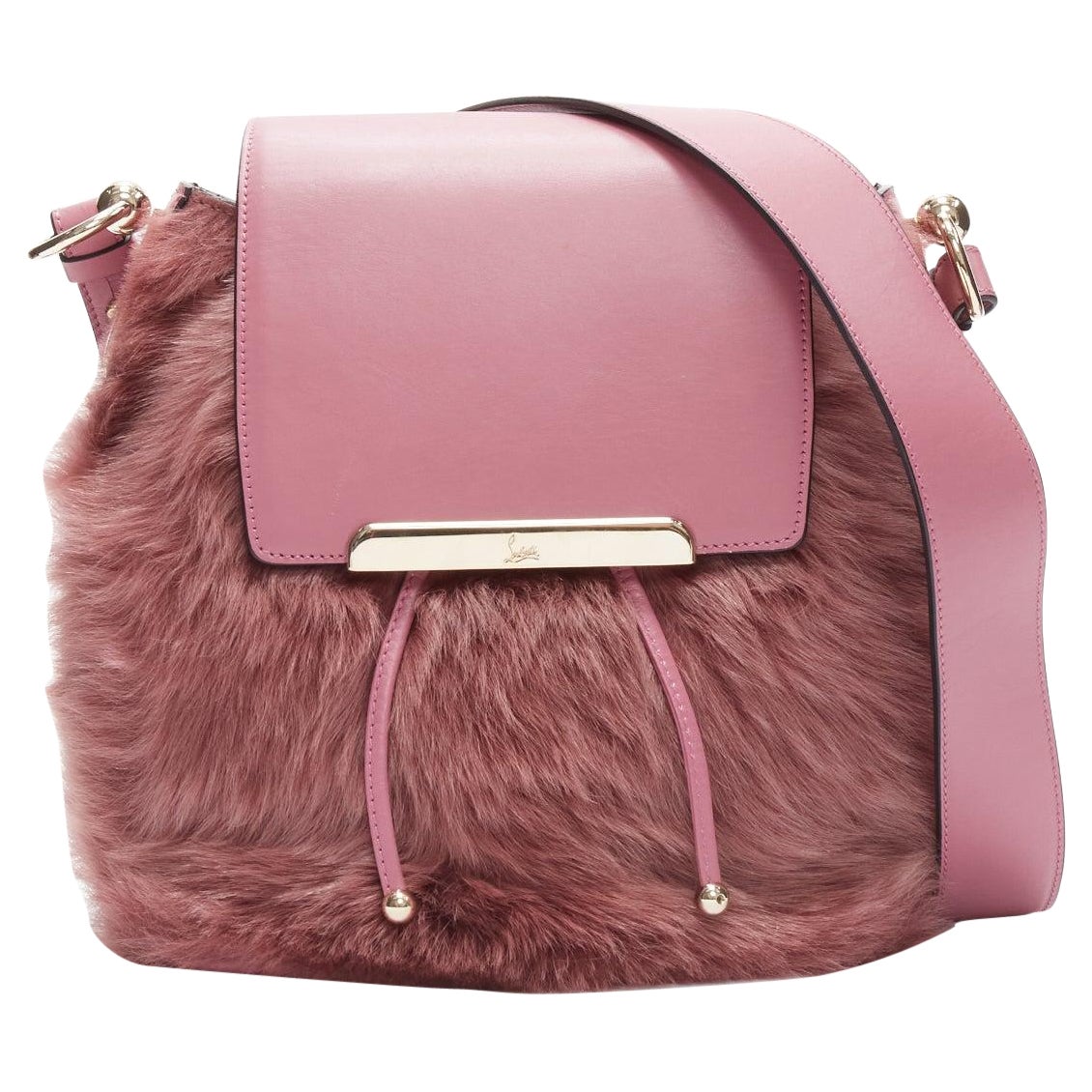 rare CHRISTIAN LOUBOUTIN Luckyl pink lamb fur 2 way shoulder bucket bag backpack For Sale