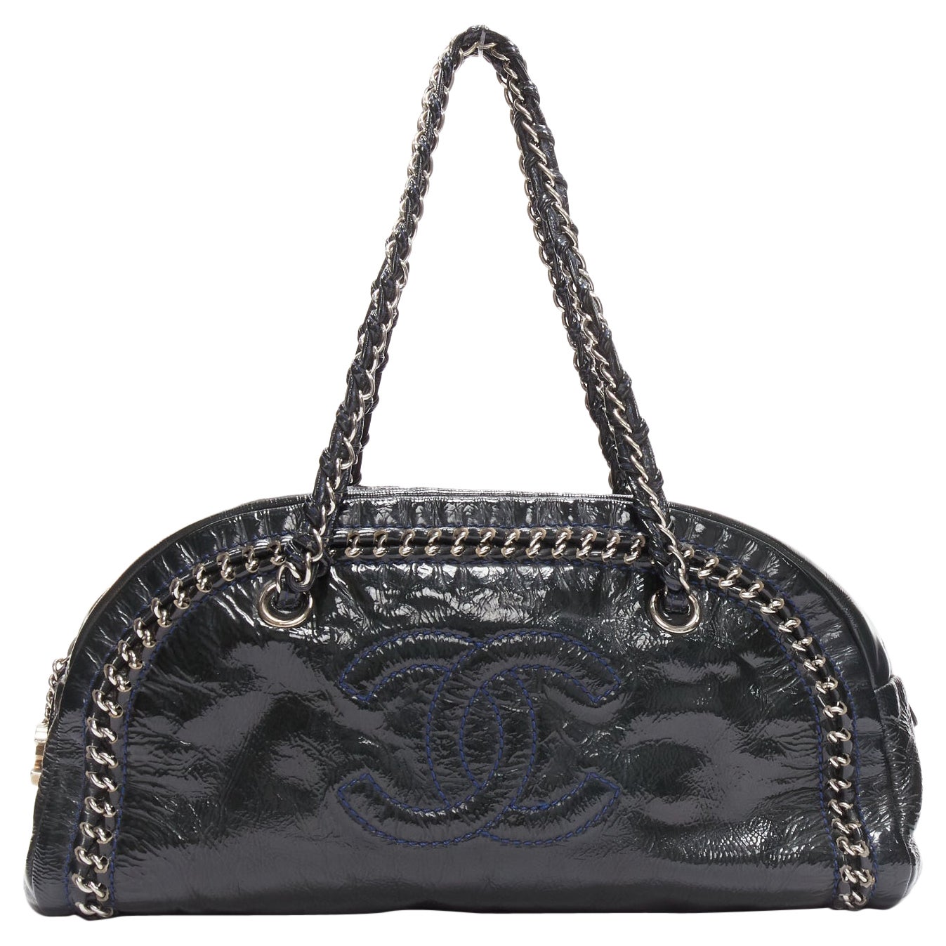CHANEL Ligne Bowler black patent leather CC woven chain satchel bag For Sale