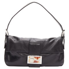 FENDI Baguette black soft nappa leather enamel FF buckle underarm bag