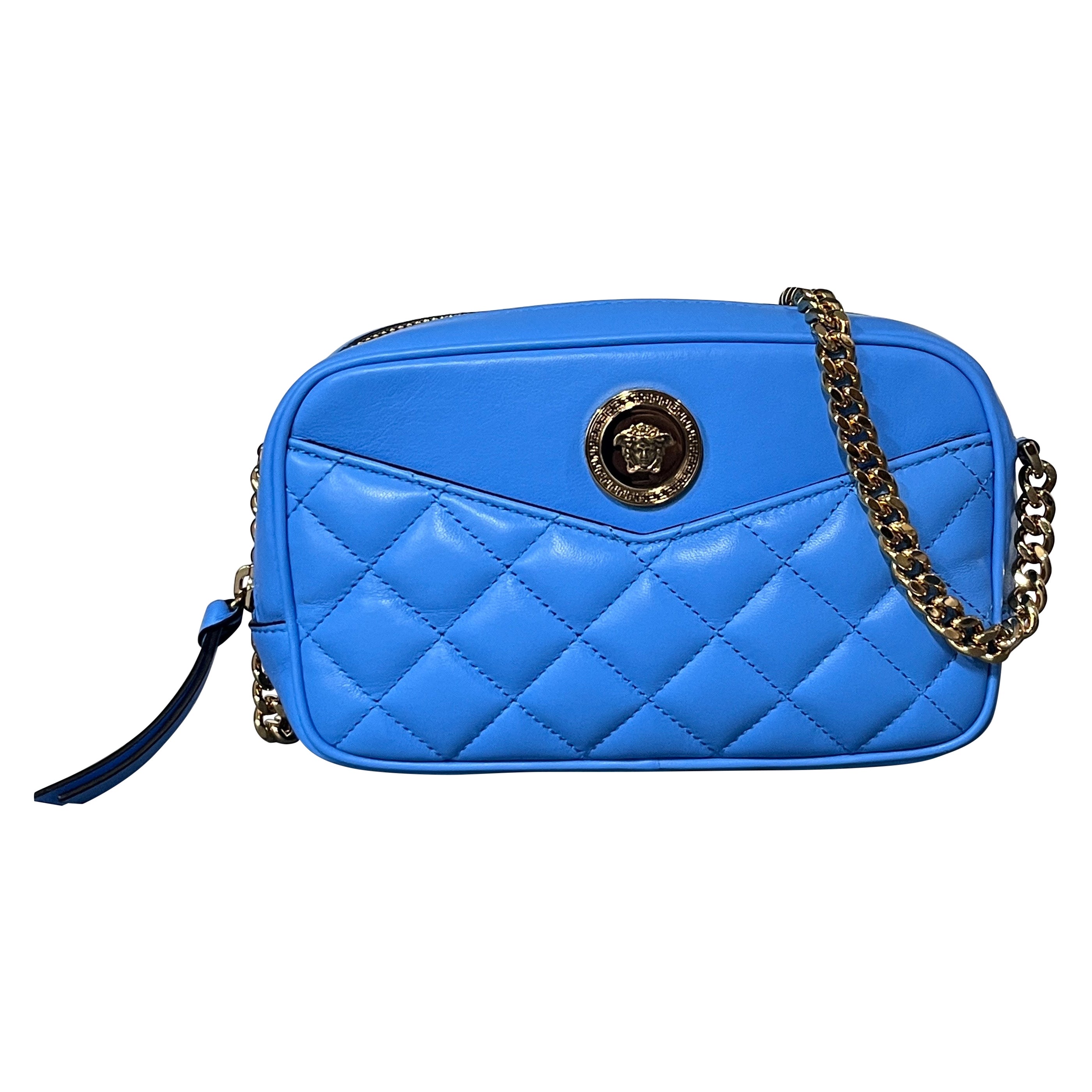 new VERSACE blue lambskin leather quilted gold Medusa chain crossbody bag Small