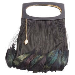 rare LALIQUE black green feather black satin top handle clutch bag