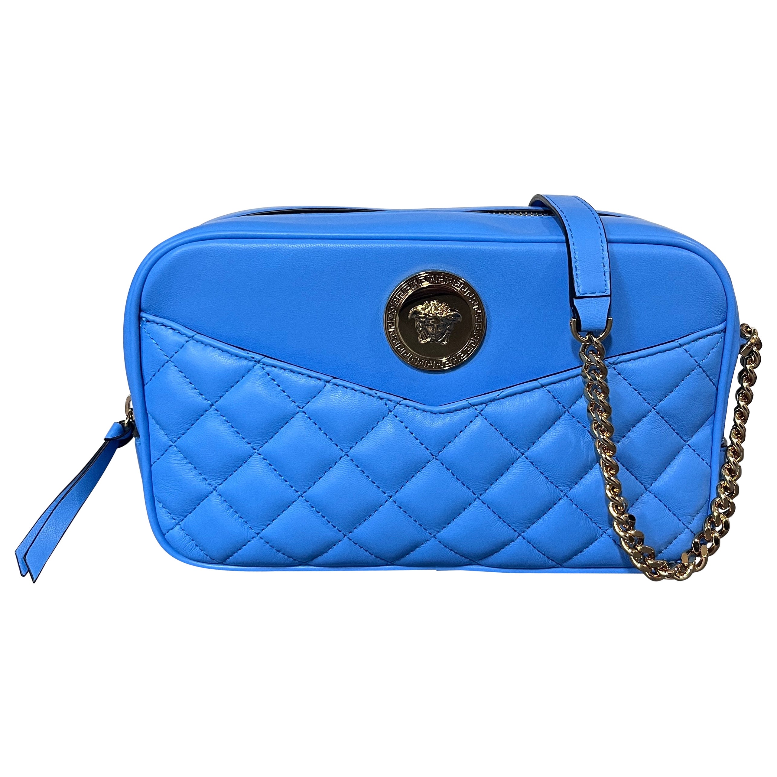 new VERSACE blue lambskin leather quilted gold Medusa chain crossbody bag Medium For Sale