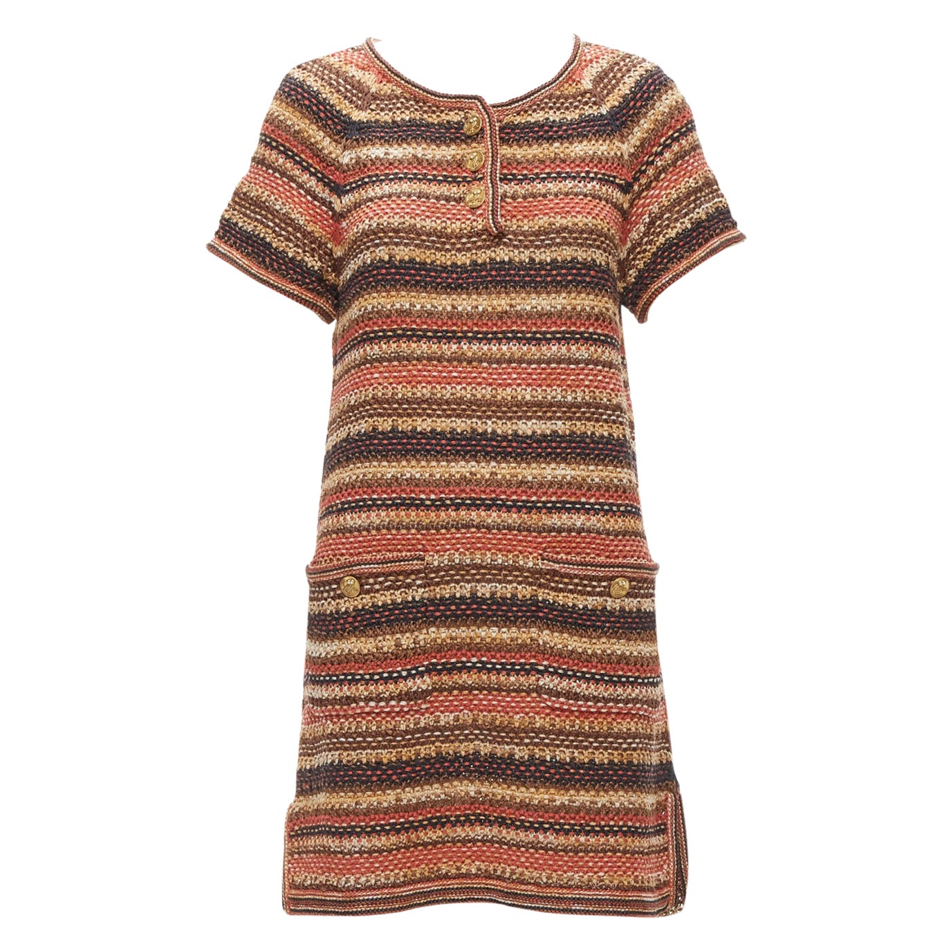 new CHANEL 2018 Runway CC button brown striped linen cotton knit dress FR38 M For Sale
