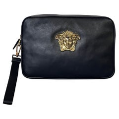 new VERSACE Palazzo Medusa black lambskin leather gold zip wristlet clutch bag