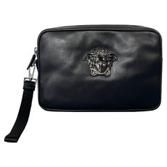 new VERSACE Palazzo Medusa black lambskin leather silver zip wristlet clutch bag