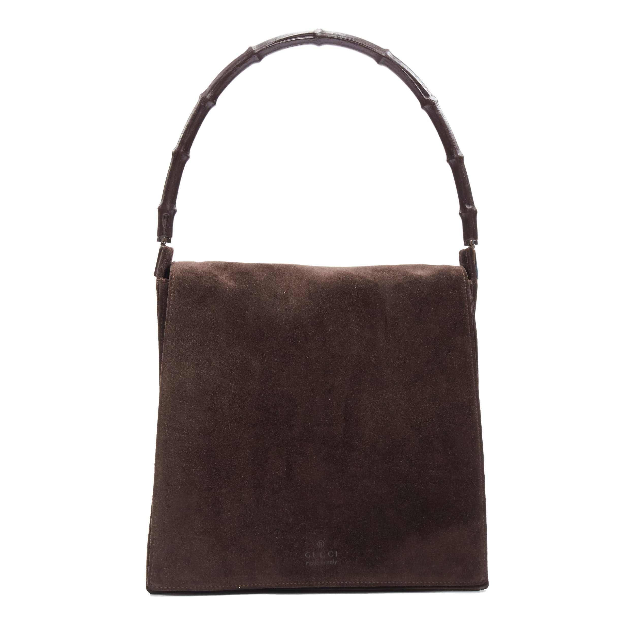 GUCCI Vintage Brown bamboo handle flap leather suede shoulder bag en vente