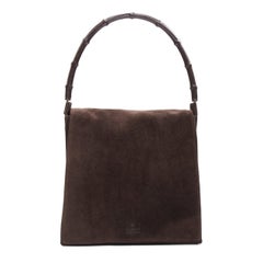GUCCI Used brown bamboo handle suede leather flap shoulder bag