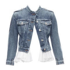 ALEXANDER MCQUEEN blue washed denim white pleated peplum hem jacket IT38 XS