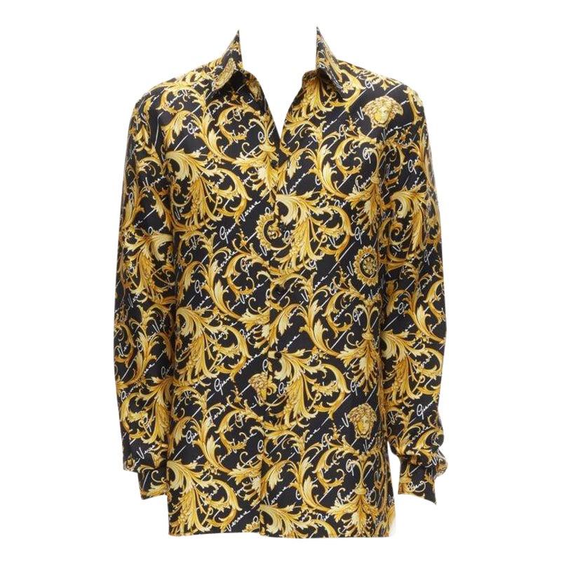 new VERSACE 100% silk La Medusa Barocco Gianni Signature black gold shirt EU39 M For Sale