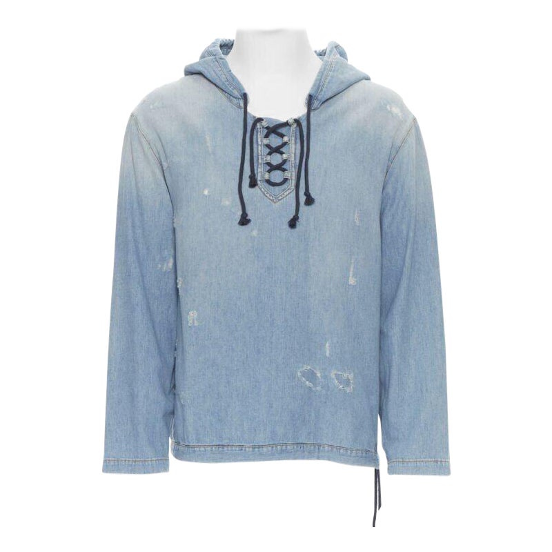 new SAINT LAURENT 2018 distressed destroyed denim lace up hoodie pullover L For Sale