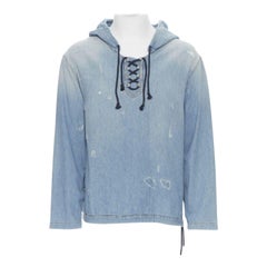 new SAINT LAURENT 2018 distressed destroyed denim lace up hoodie pullover L