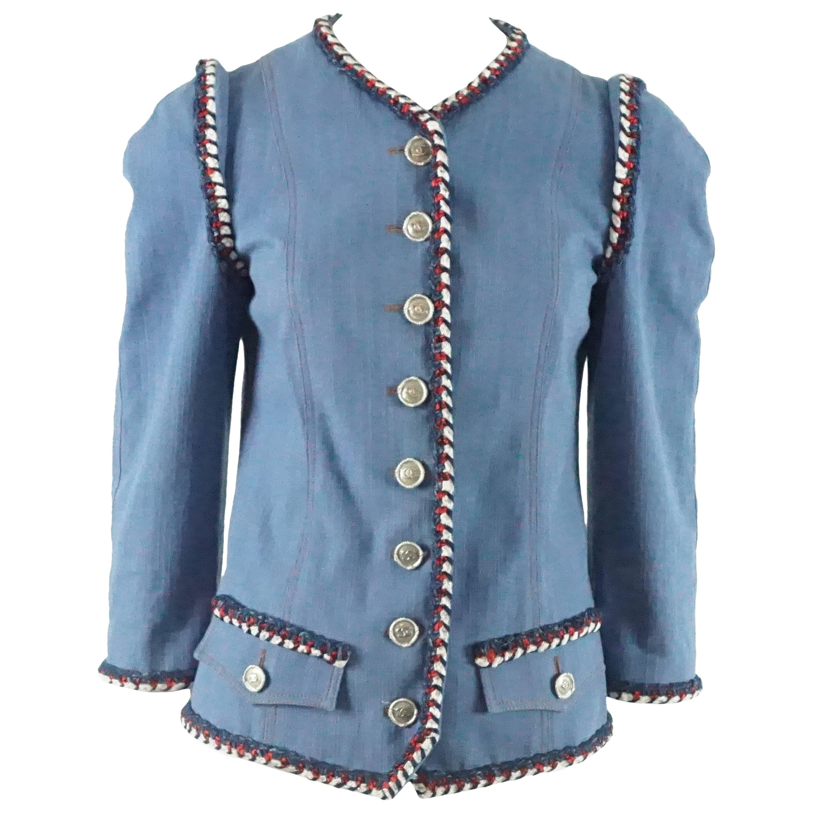 Chanel Light Blue Cotton Jacket w/ Red/White/Blue Silk Braided Ribbon Trim-36