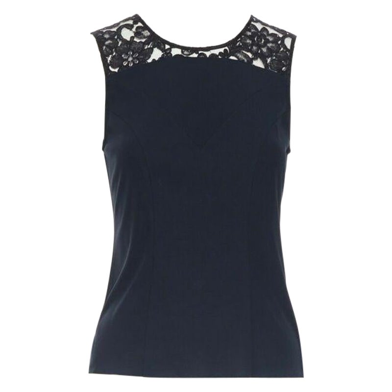 CHANEL navy blue 100% cotton illusion neckline black lace sleeveless top FR36 For Sale