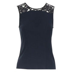 CHANEL navy blue 100% cotton illusion neckline black lace sleeveless top FR36