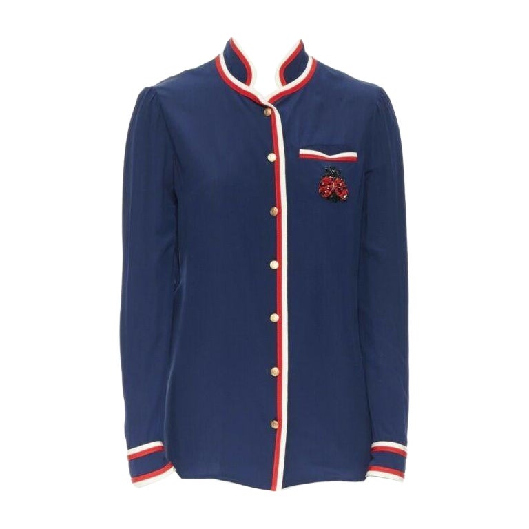 GUCCI navy tricolour ladybird ladybug embellish brooch badge silk shirt IT36 XXS For Sale