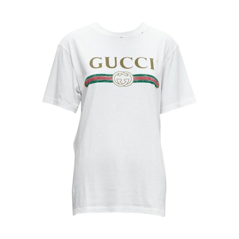 GUCCI cream logo print distressed cotton-jersey crew neck tshirt IT36 XXS For Sale