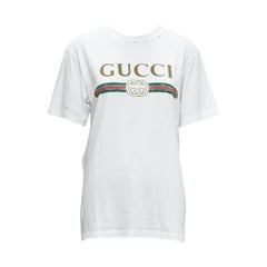 Gucci - T-shirt à col ras du cou en jersey de coton vieilli, imprimé logo crème IT36 XXS