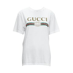 GUCCI cream logo print distressed cotton-jersey crew neck tshirt IT36 XXS