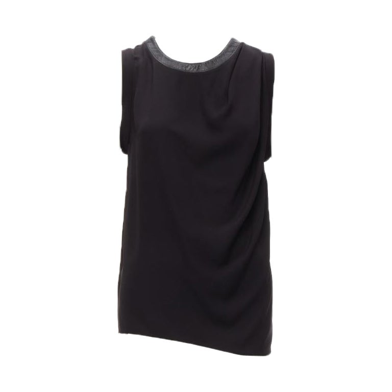 DION LEE black leather trim round collar silky drape sleeveless tank top AUS6 XS For Sale