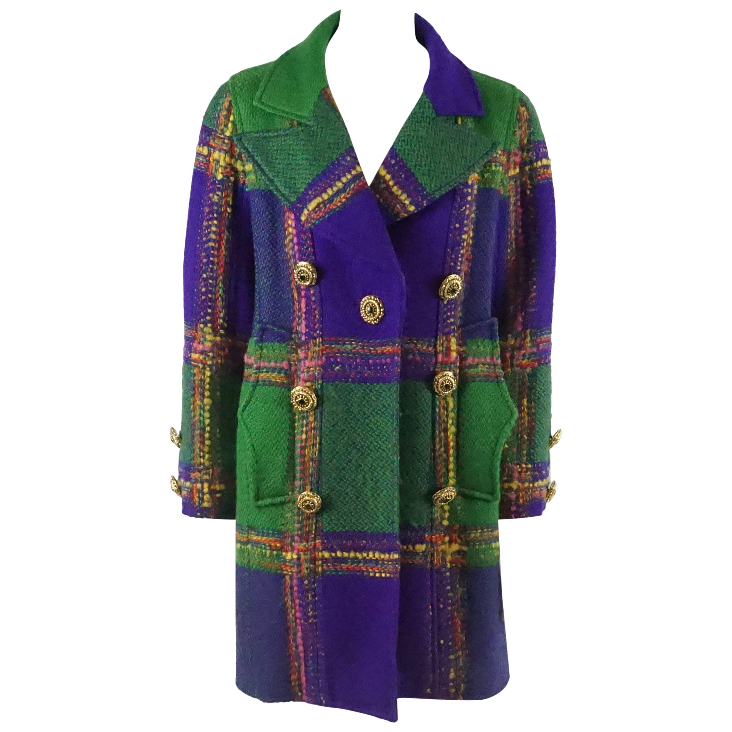 Christian Lacroix Green & Purple Color Block Wool Tweed Vintage 3/4 Coat - 38