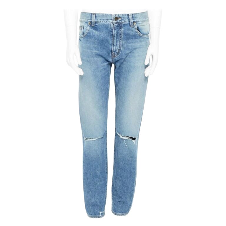 SAINT LAURENT HEDI SLIMANE blue cotton torn knee washed skinny denim jeans 29" For Sale