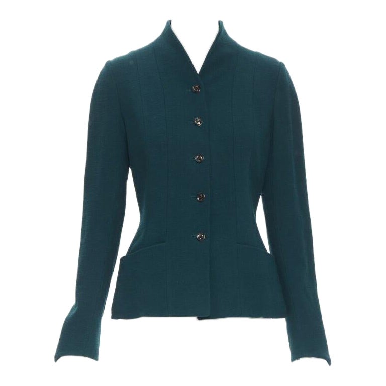 vintage KARL LAGERFELD green wool graphic button paneled blazer jacket FR36 For Sale